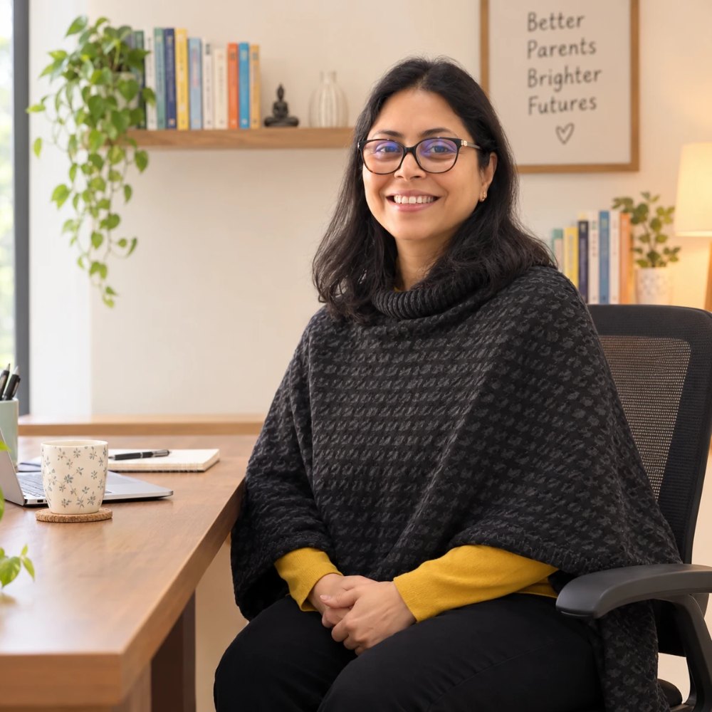 Divya smiling at her desk, beside a sign that reads Better Parents, Brighter Futures